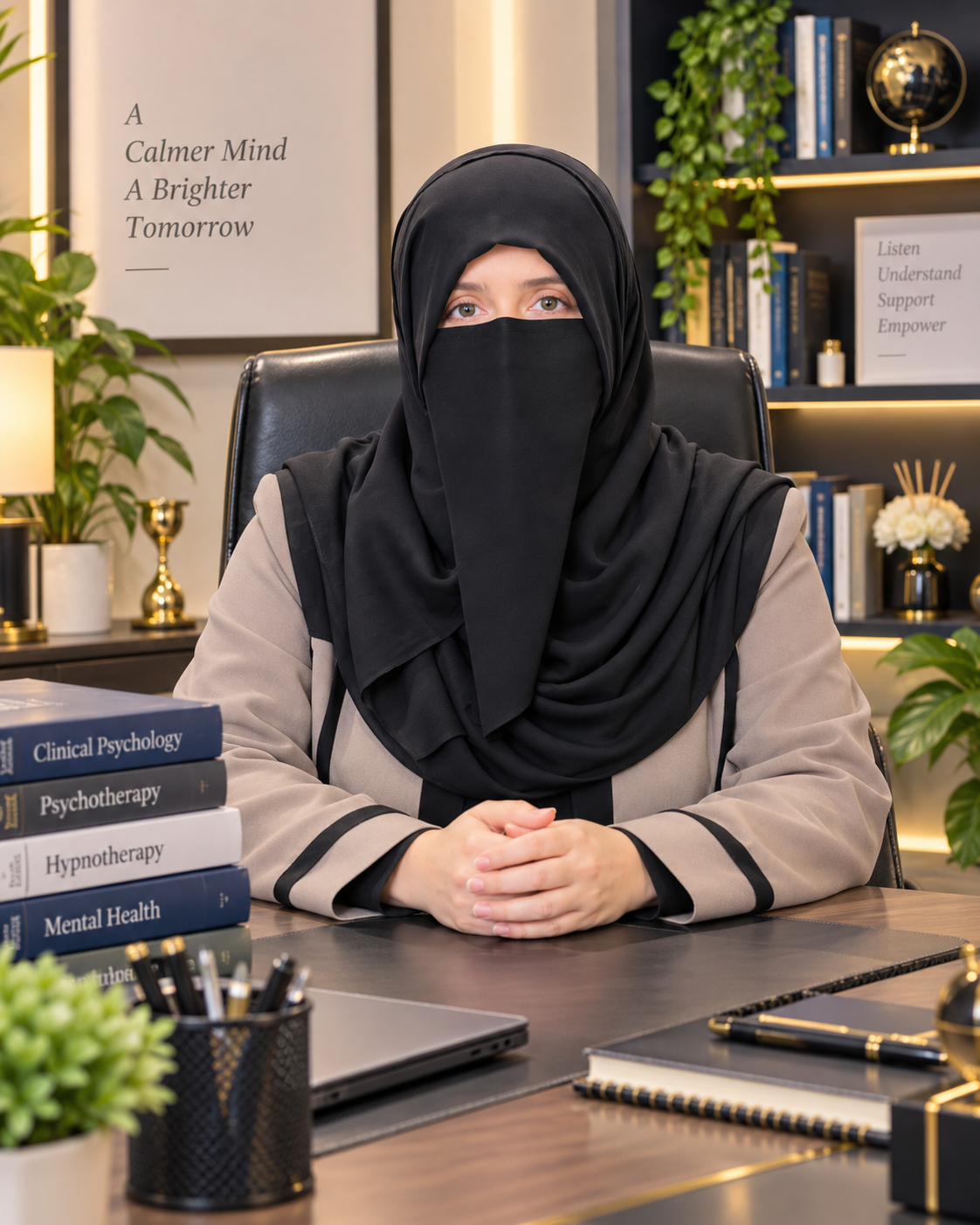 Attiqa Aslam, Clinical Psychologist and Hypnotherapist, seated in her office